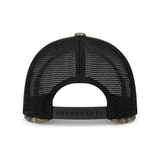 Flock Off camo trucker hat, back: black mesh with snapback closure