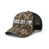 Flock Off camo trucker hat, three-quarter view showing camo front and black mesh side