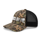 Flock Off camo trucker hat, left side view