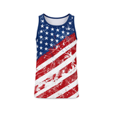 Jimmy Balls American Tank, front: distressed American flag print with navy star field and diagonal red and white stripes
