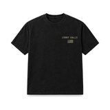 Flock Off Tee in washed black, front: JIMMY BALLS with a small American flag on the left chest