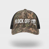 Flock Off camo trucker hat rotating 360 degrees, embroidered front and mesh back