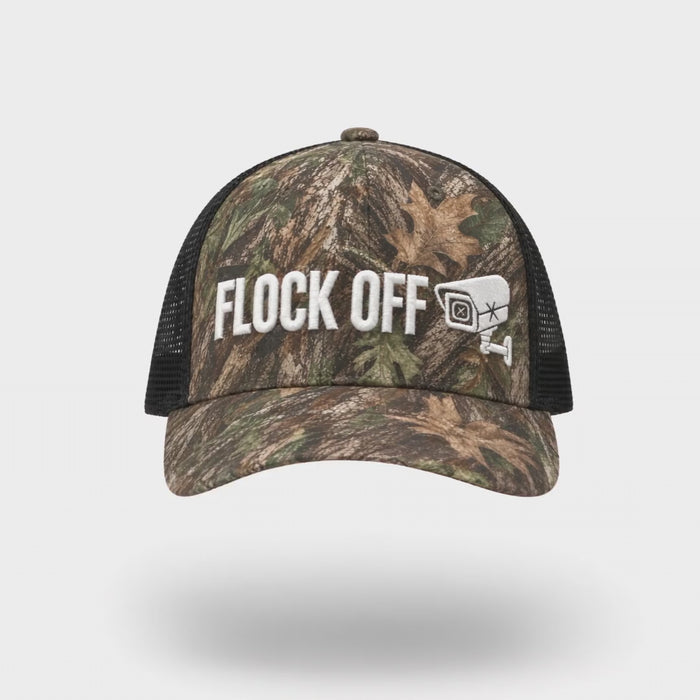 Flock Off camo trucker hat rotating 360 degrees, embroidered front and mesh back