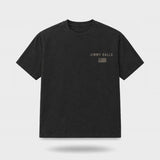 Flock Off Tee in washed black rotating 360 degrees, front and back prints