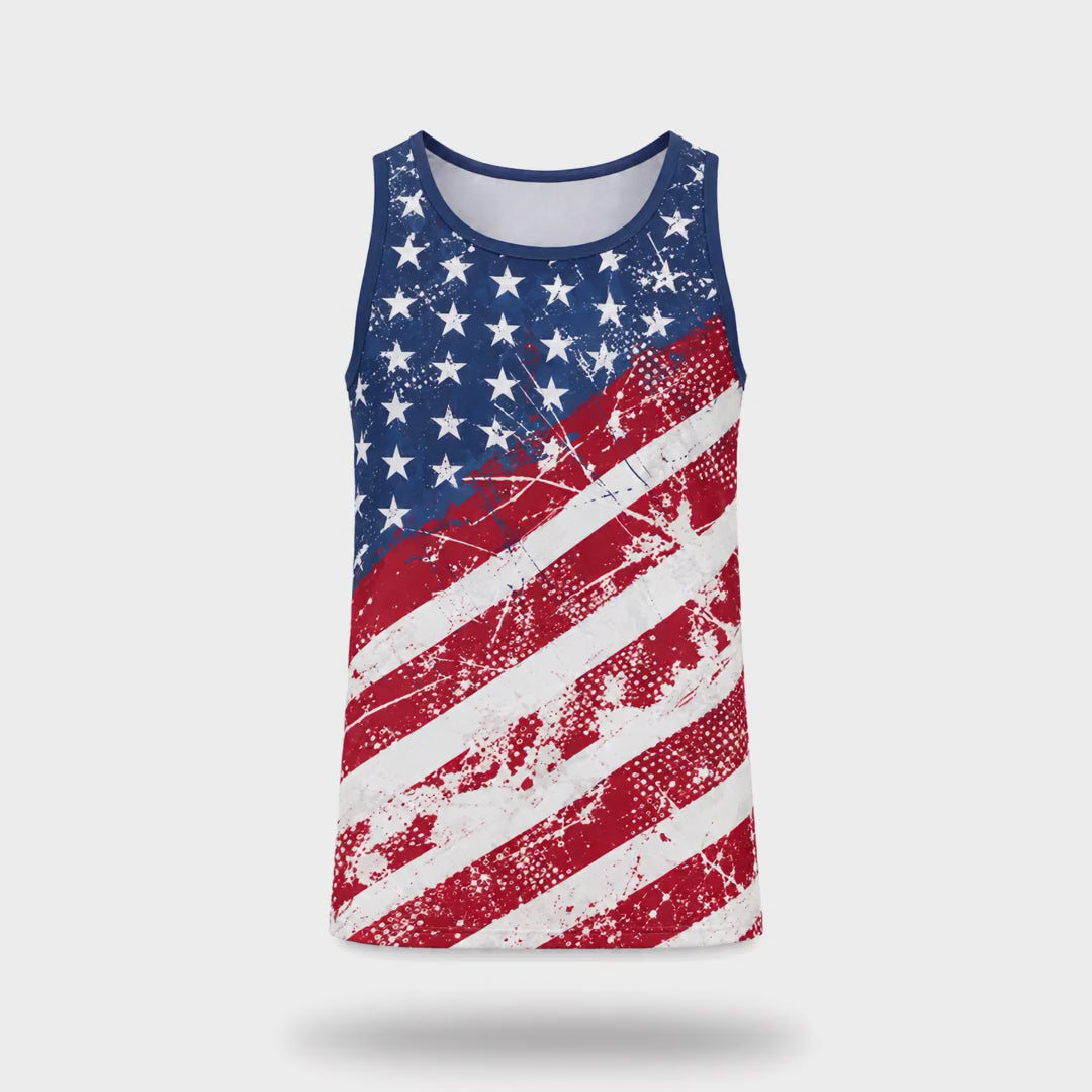 Jimmy Balls American Tank rotating 360 degrees, distressed flag print front and back